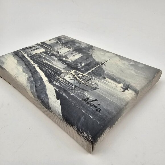 Vintage Painting Canvas Signed Small Water Scene Harbor Boat Landscape Grayscale - Picture 4 of 10